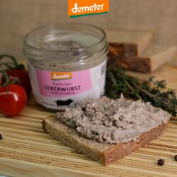 Holzbrett mit Kuhhorster Leberwurst im Glas, Tomanten und...