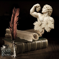 Stilleben mit Feder und Tusche und Bachusfigur