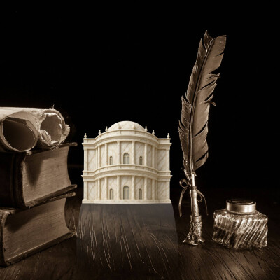 Stilleben mit Feder und Tusche und Belvedere in Marmor